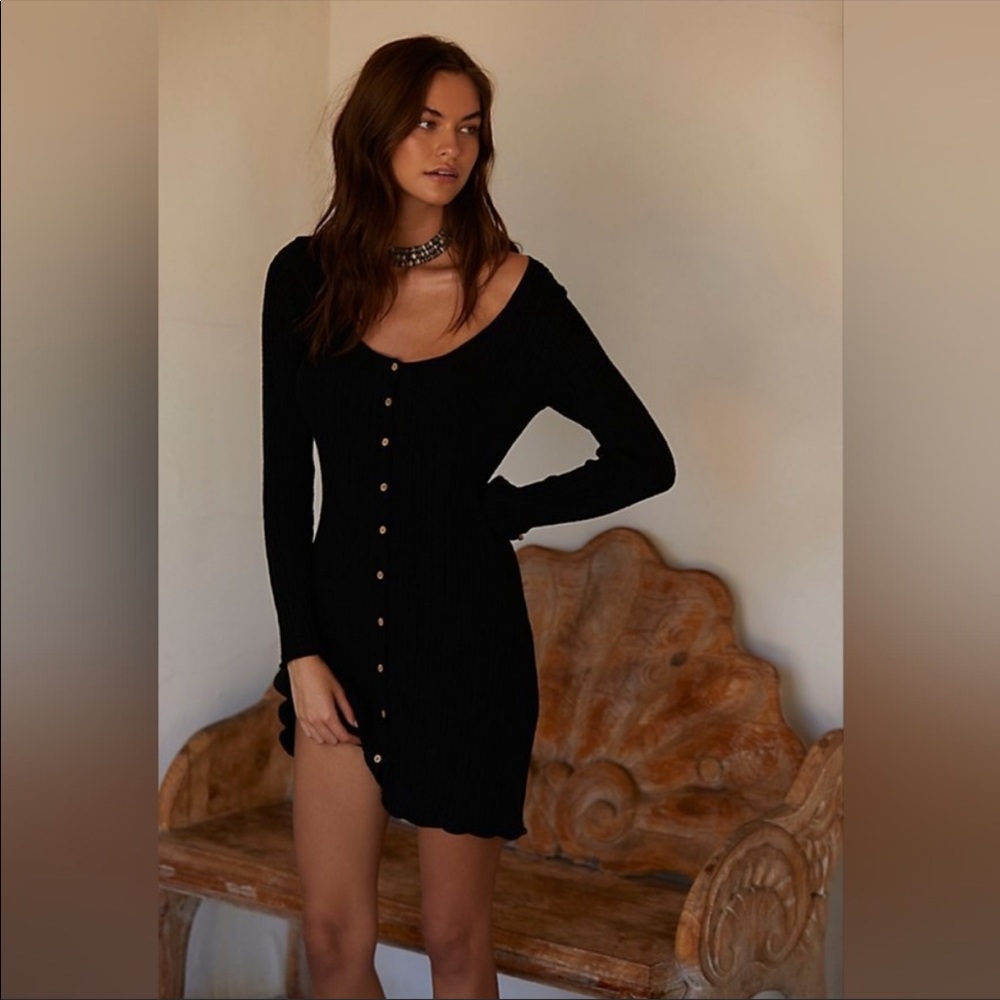 FREE PEOPLE BLACK KNIT DRESS - “ALL THE WAY HENLEY MINI” IN MEDIUM